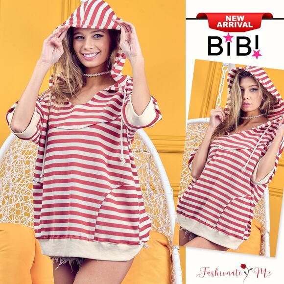 BiBi Striped Pattern Fleece Notch Neck Short Sleeves Hooded Sweatshirt | Marsala - Picture 1 of 7